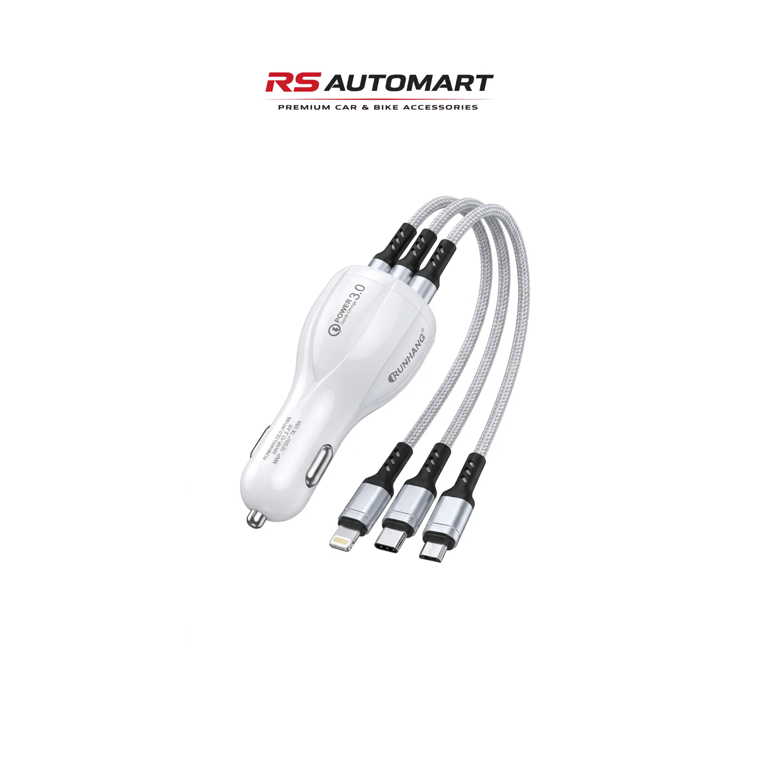 Quick Charge 3.0 Car Charger – 3-in-1 Cable